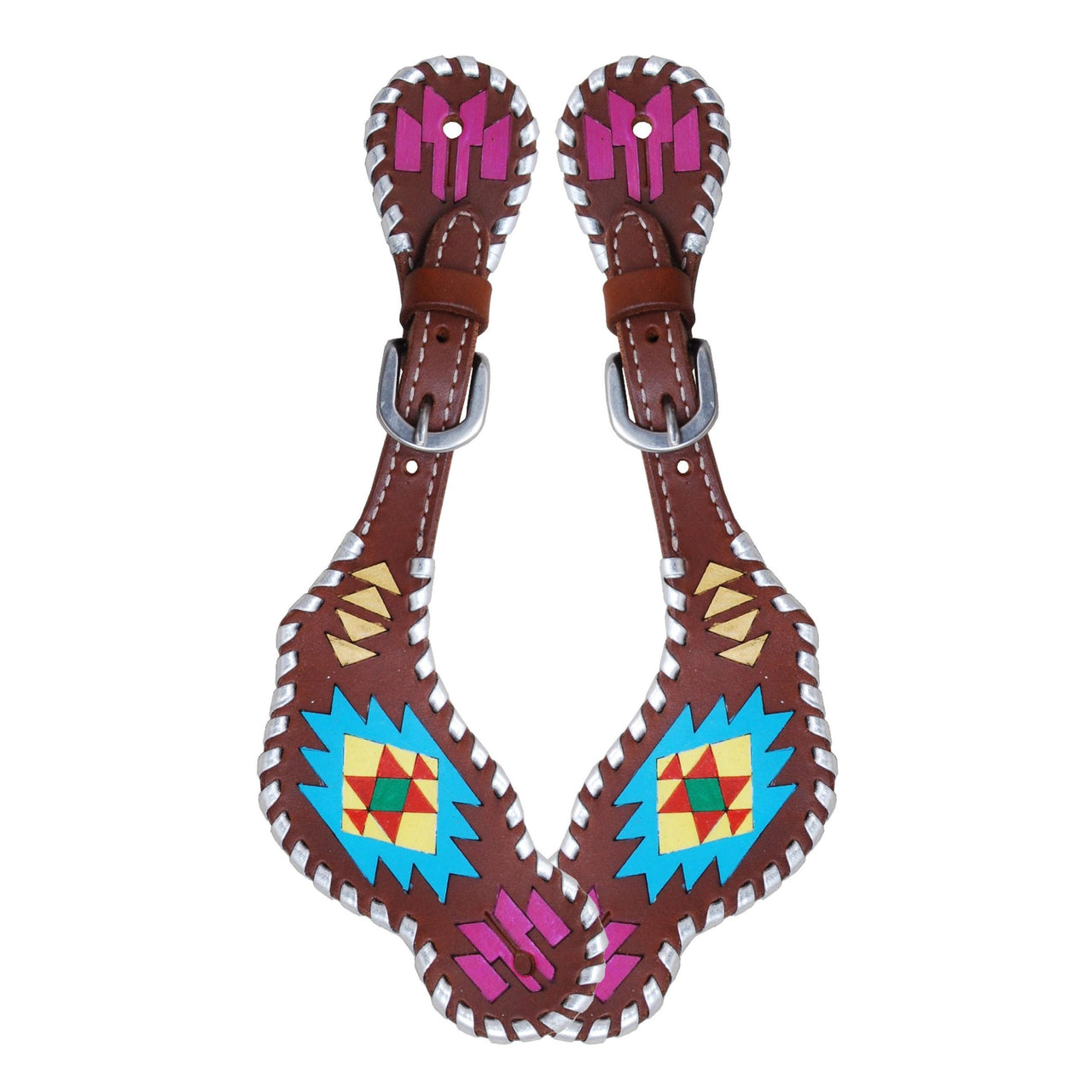 Ladies Spur Strap w/Painted Aztec & Silver Whipsttich