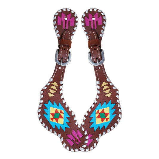 Ladies Spur Strap w/Painted Aztec & Silver Whipsttich