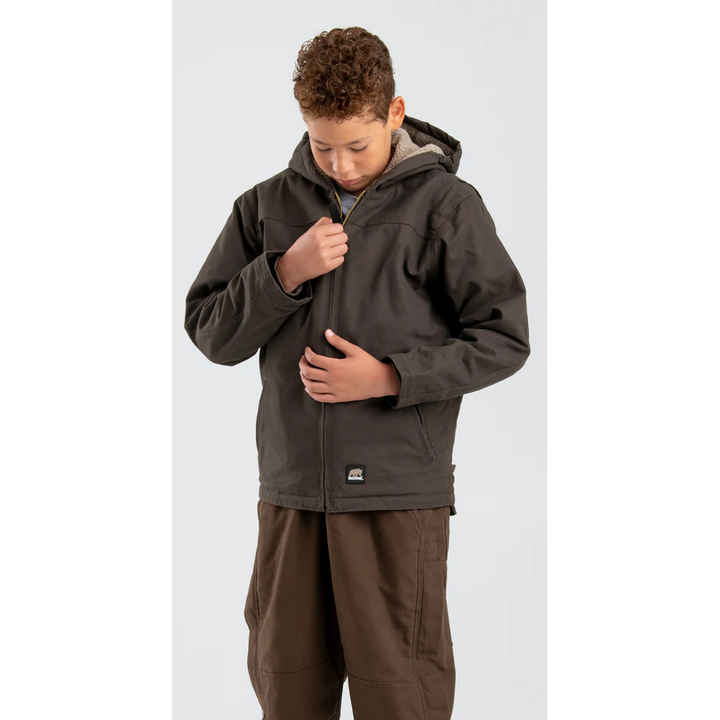 Berne Youth Sherpa Lined Softstone Duck Hooded Jacket - Bark
