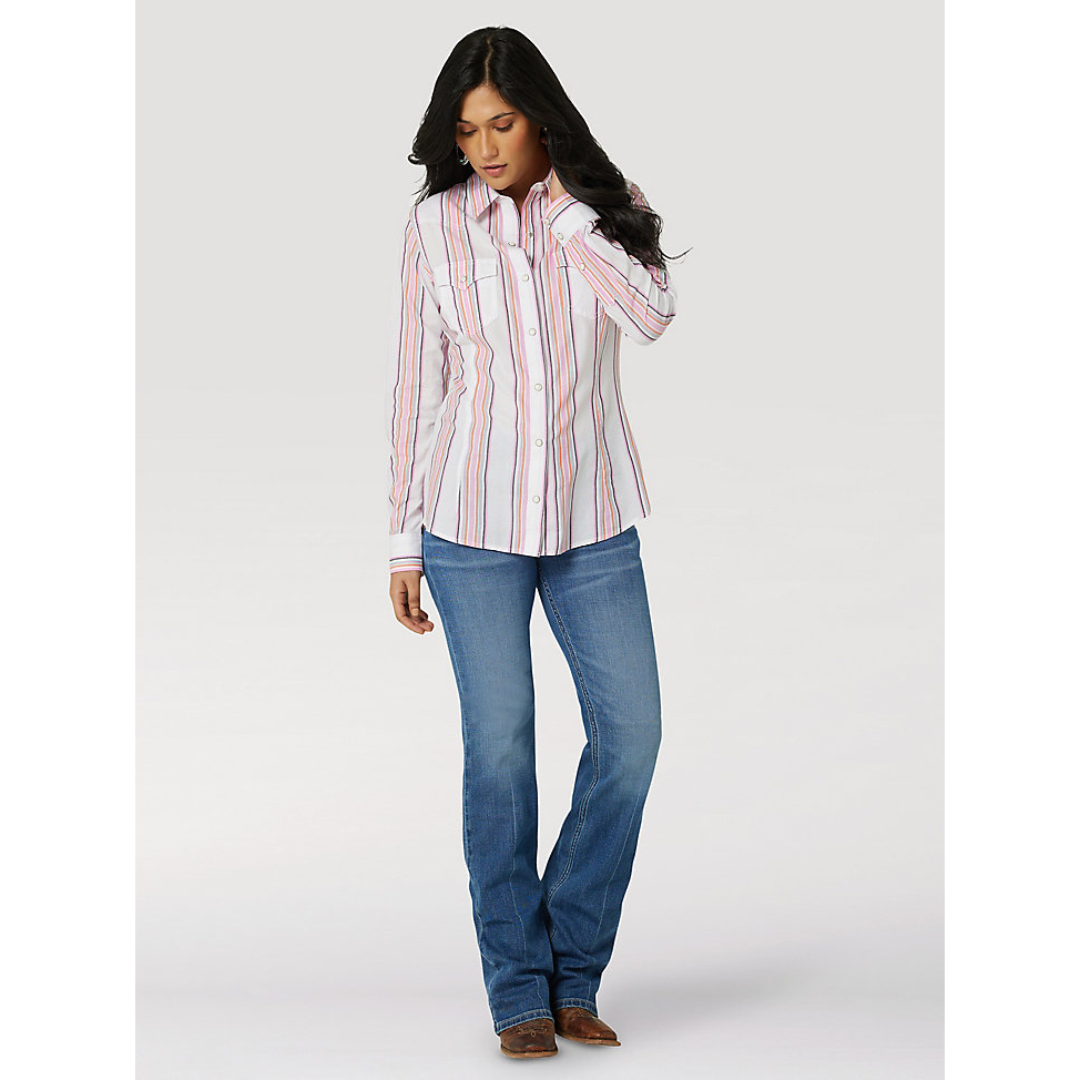 Wrangler Womens Retro Stripe Western Snap Shirt - Pink White