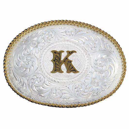 Montana Silversmiths Initial K Silver Engraved Gold Trim Western Belt Buckle