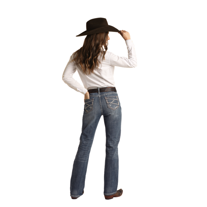 **Rock & Women's Ivory/Khaki Embroidery Riding Jeans - Medium Vintage - Irvine Tack & Western Wear