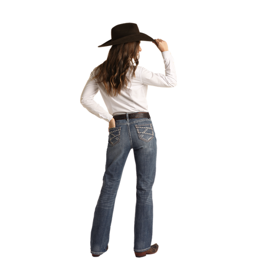 **Rock & Women's Ivory/Khaki Embroidery Riding Jeans - Medium Vintage