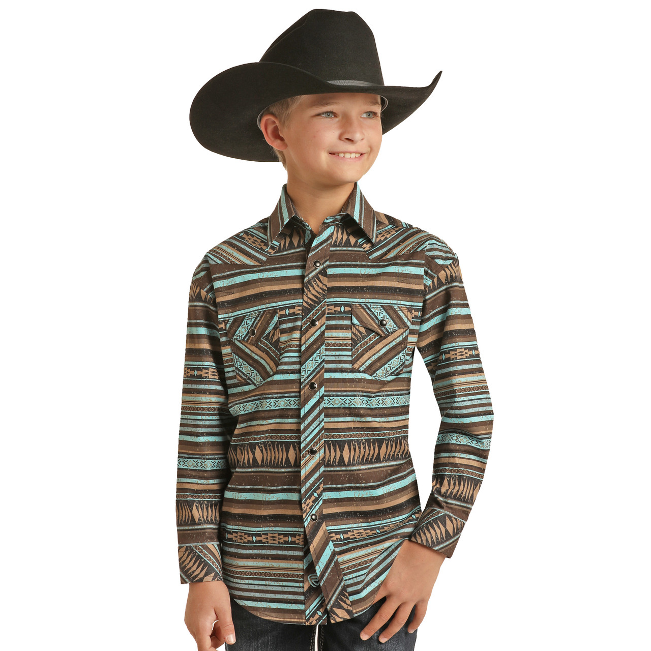 Rock & Roll Boys Aztec Stripe Poplin Print Shirt Teal
