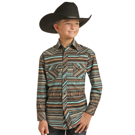 Rock & Roll Boys Aztec Stripe Poplin Print Shirt Teal