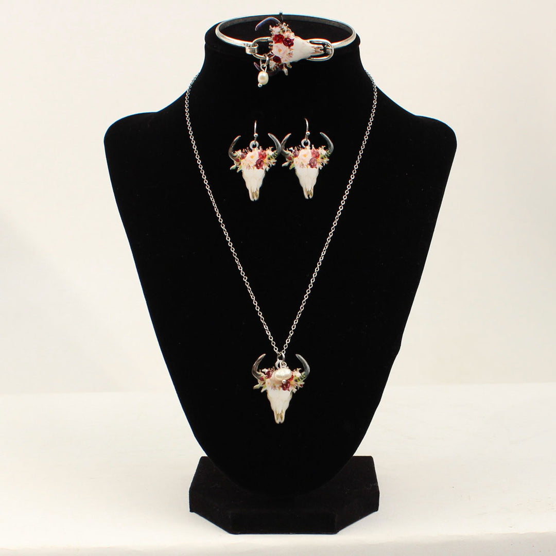 Blazin Roxx Earring Necklace &amp; Bracelet Set - Silver Floral Steer Skull Pendant