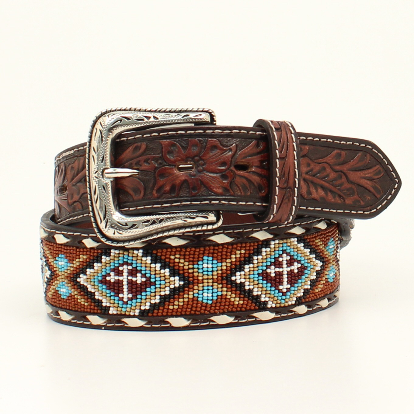 Nocona Men's Floral Tooled Beaded Bulk Lacing Belt - Rust w/Mulit Coloured Beads