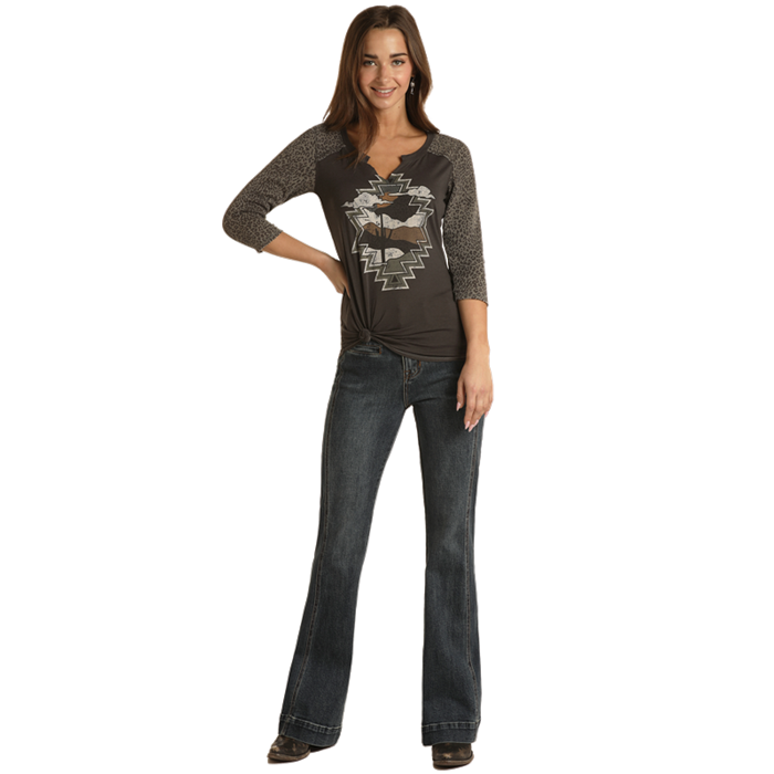 Rock & Roll Women's Split Neck Graphic Tee - Charcoal