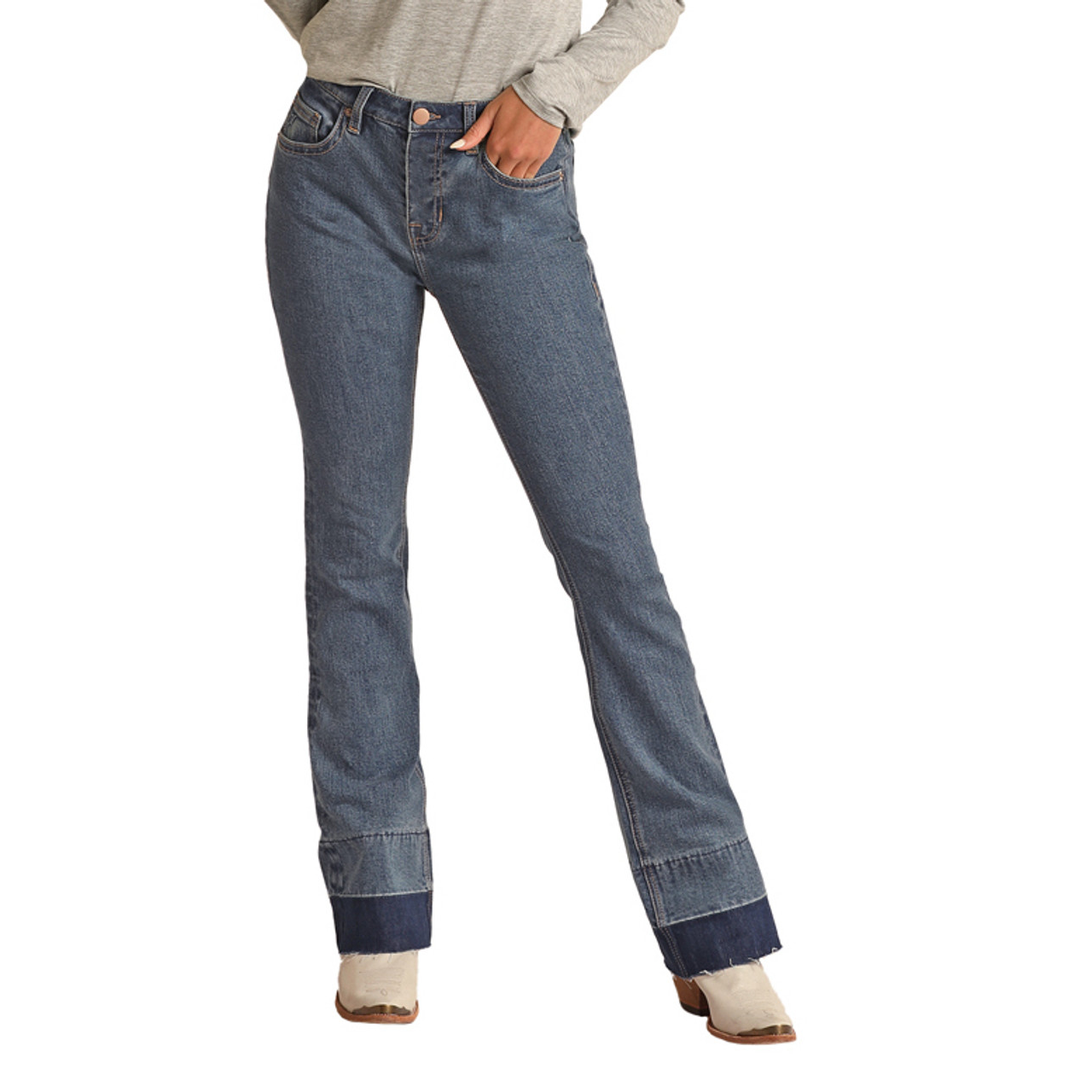 Rock & Roll Women's Hooey High Rise Stretch Baby Flare Jeans - Medium Wash