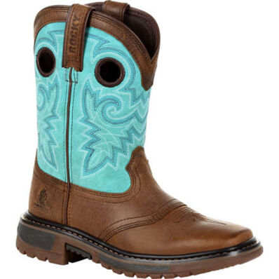 **Rocky Kid's Brown 8" Western Saddle Brown and Teal Boots