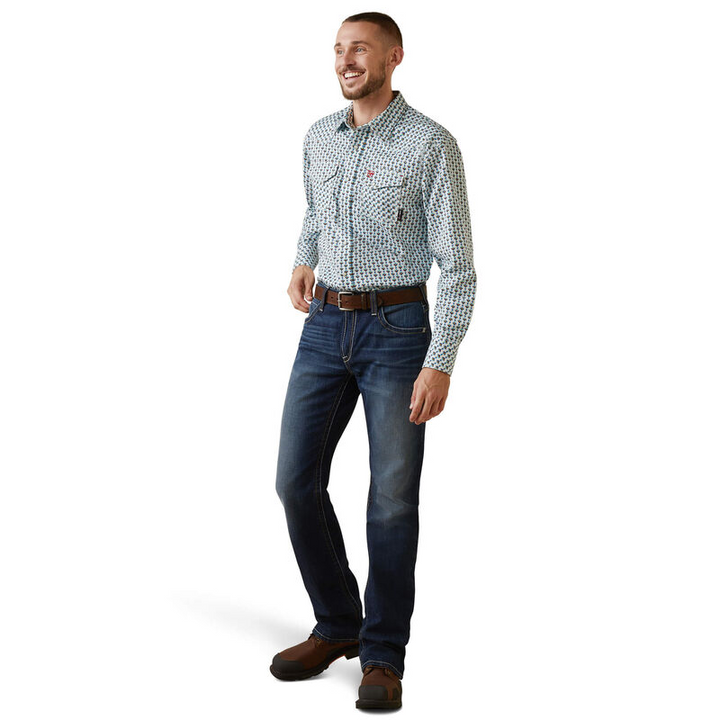 Ariat Mens FR Dillinger Retro Fit Snap Work Shirt - Bachelor Button Print