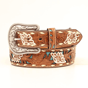 Nocona Ladies Floral Embossed Painted Overlay Belt - Tan/Turquoise/White