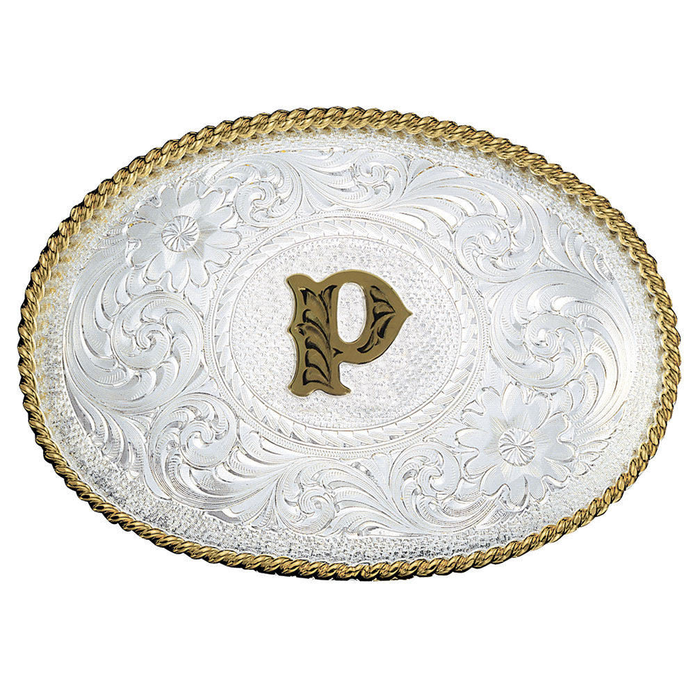 Montana Silversmiths Initial P Silver Engraved Gold Trim Western Belt Buckle