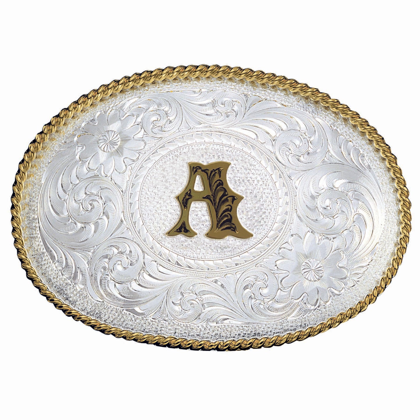 Montana Silversmiths Initial A Silver Engraved Gold Trim Western Belt Buckle