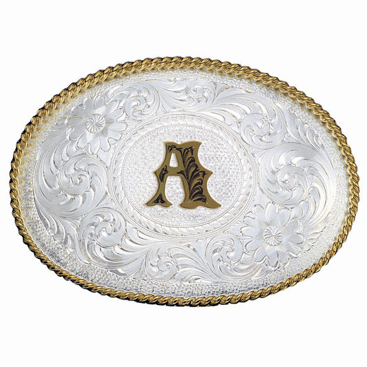 Montana Silversmiths Initial A Silver Engraved Gold Trim Western Belt Buckle