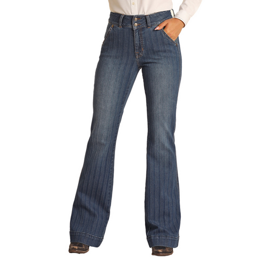 Rock & Roll Women's High Rise Extra Stretch Jacquard Stripe Trouser Jeans - Dark Wash