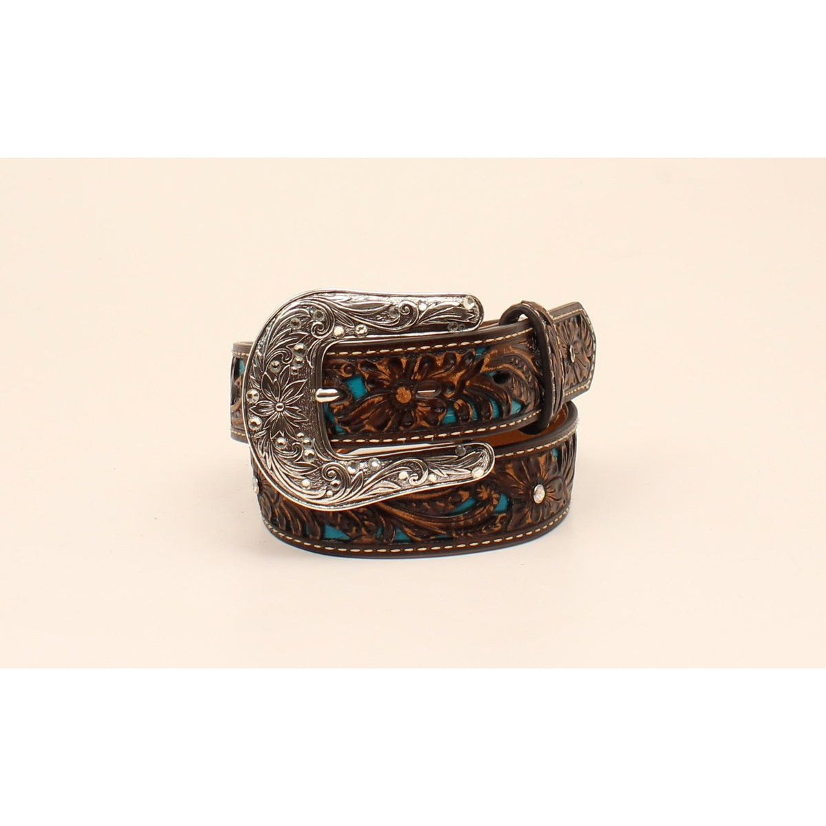 Ariat Girl's Floral Crystal Studded Embossed Belt - Brown/Turquoise