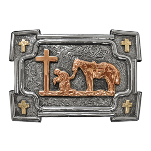 Crumrine Buckle Rectangle with Smith Edging and Copper Cross Cowboy Praying 2.375x3.5"