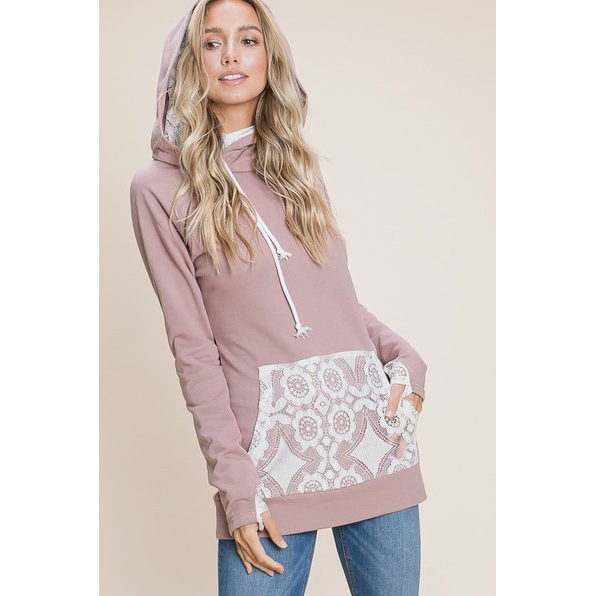 Vanilla Bay Solid Knit & Lace Hoodie