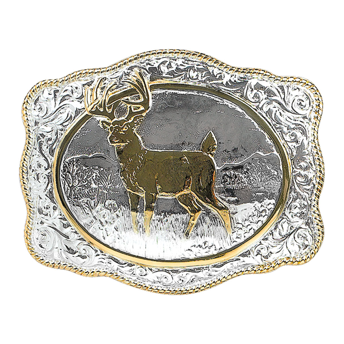 Crumrine Rectangle Vintage Whitetail Deer Buck Buckle - Silver/Gold