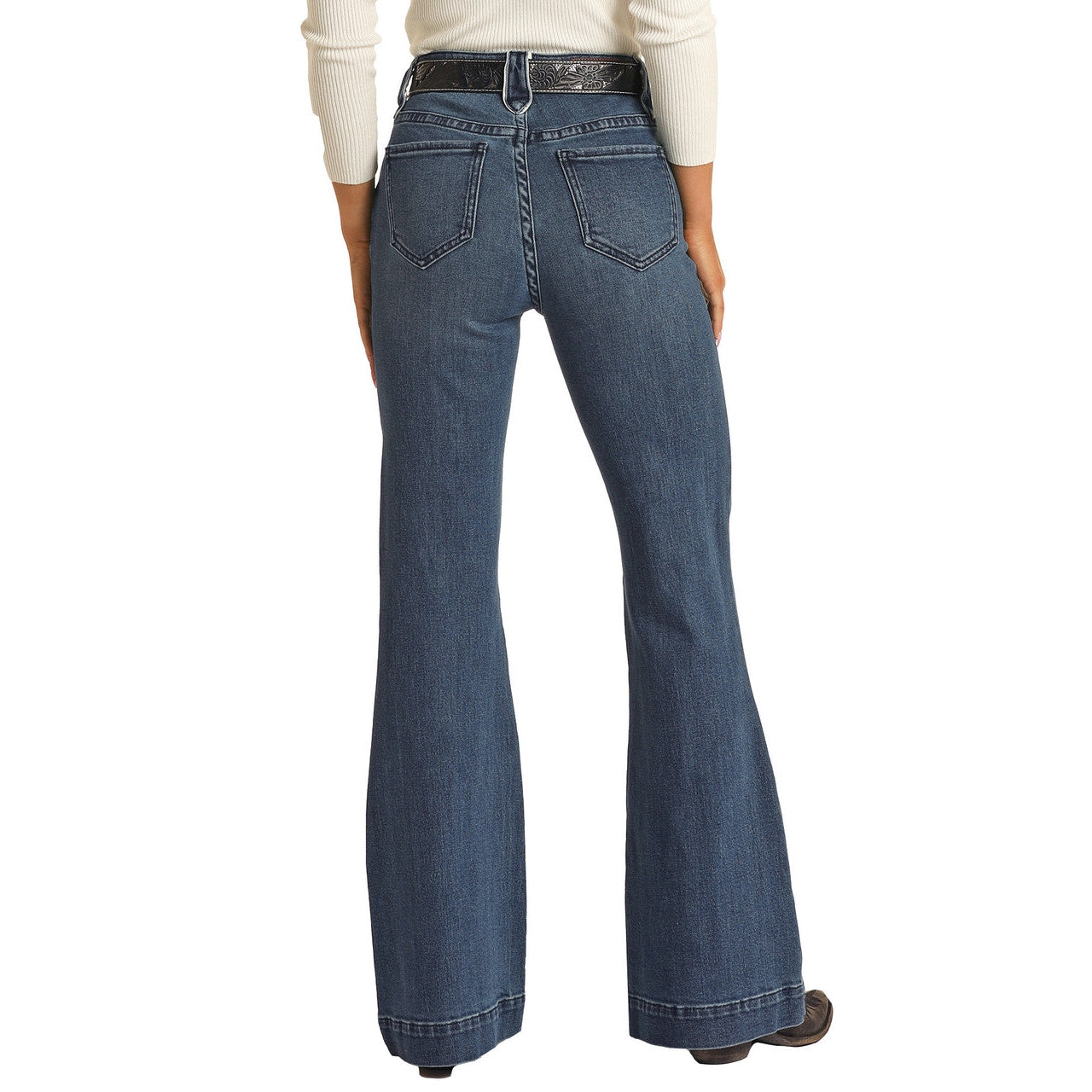Rock & Roll Womens Dart Detail Button Bell Bottom Jeans - Medium Wash