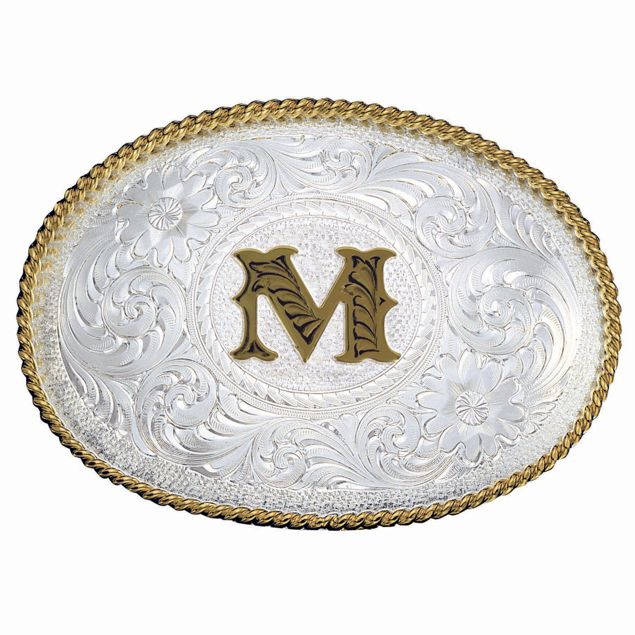 Montana Silversmiths Initial M Silver Engraved Gold Trim Western Belt Buckle