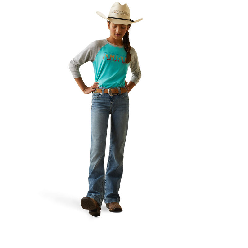 Ariat Girls Serape Logo Baseball T-Shirt - Pool Blue/Heather Grey