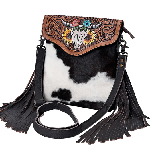 American Darling Crossbody Hand Tooled Hair on Hide