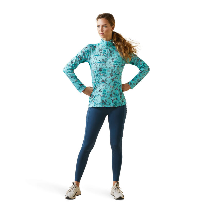 Ariat Womens Sunstopper 2.0 1/4 Zip Baselayer Shirt - Pool Blue Oasis Print