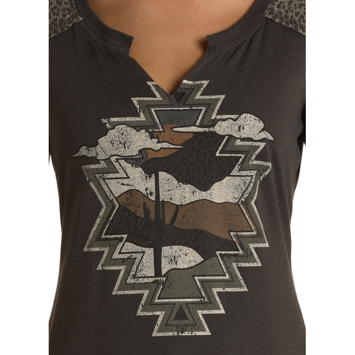 Rock & Roll Women's Split Neck Graphic Tee - Charcoal