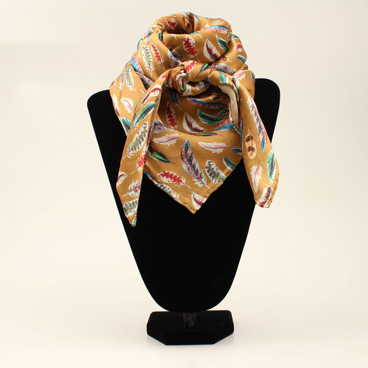 Wild Rag 100% Silk - Tan with Multi Color Feathers