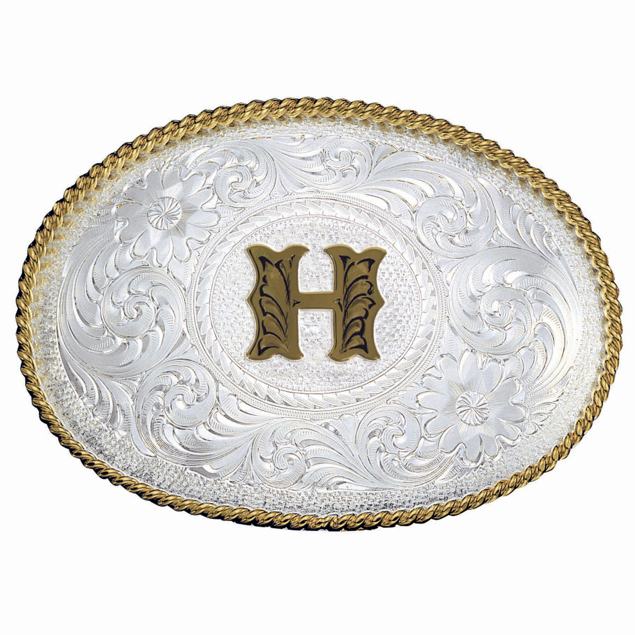 Montana Silversmiths Initial H Silver Engraved Gold Trim Western Belt Buckle