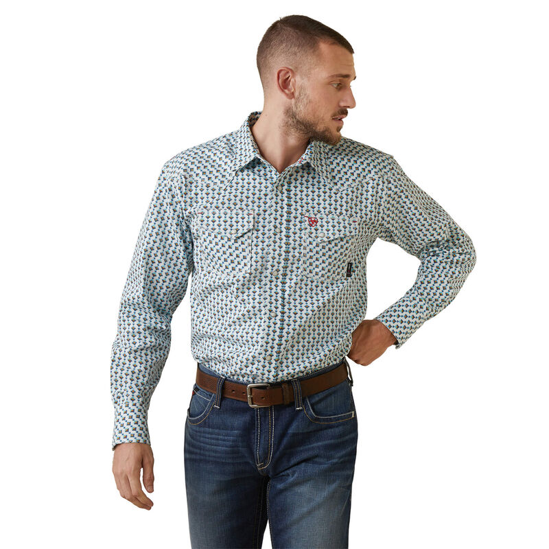 Ariat Mens FR Dillinger Retro Fit Snap Work Shirt - Bachelor Button Print
