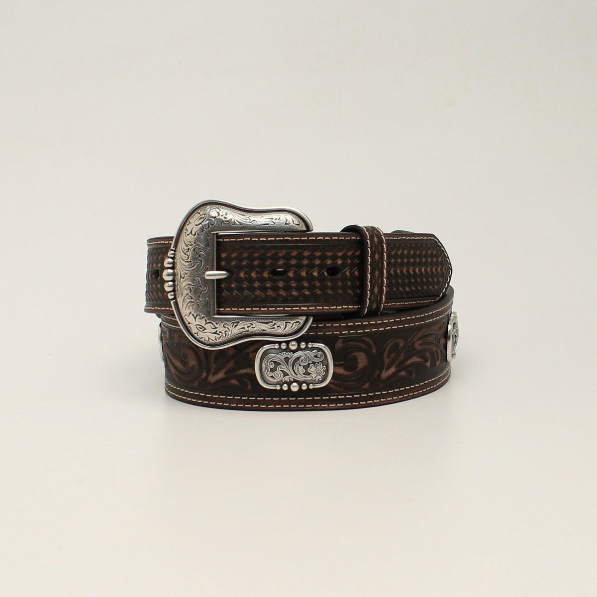 **Ariat Men's Tapered Double Stitch Oval Concho Belt - Brown