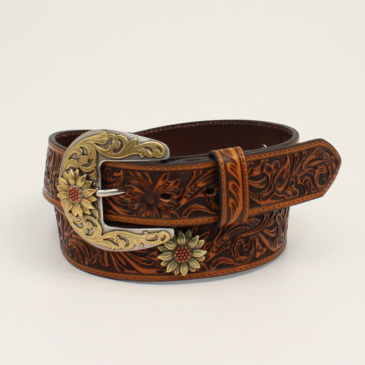 Ariat Women's Leather Floral Tooled Sunflower Concho Belt - Tan