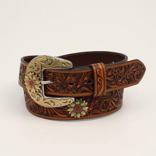 Ariat Women's Leather Floral Tooled Sunflower Concho Belt - Tan