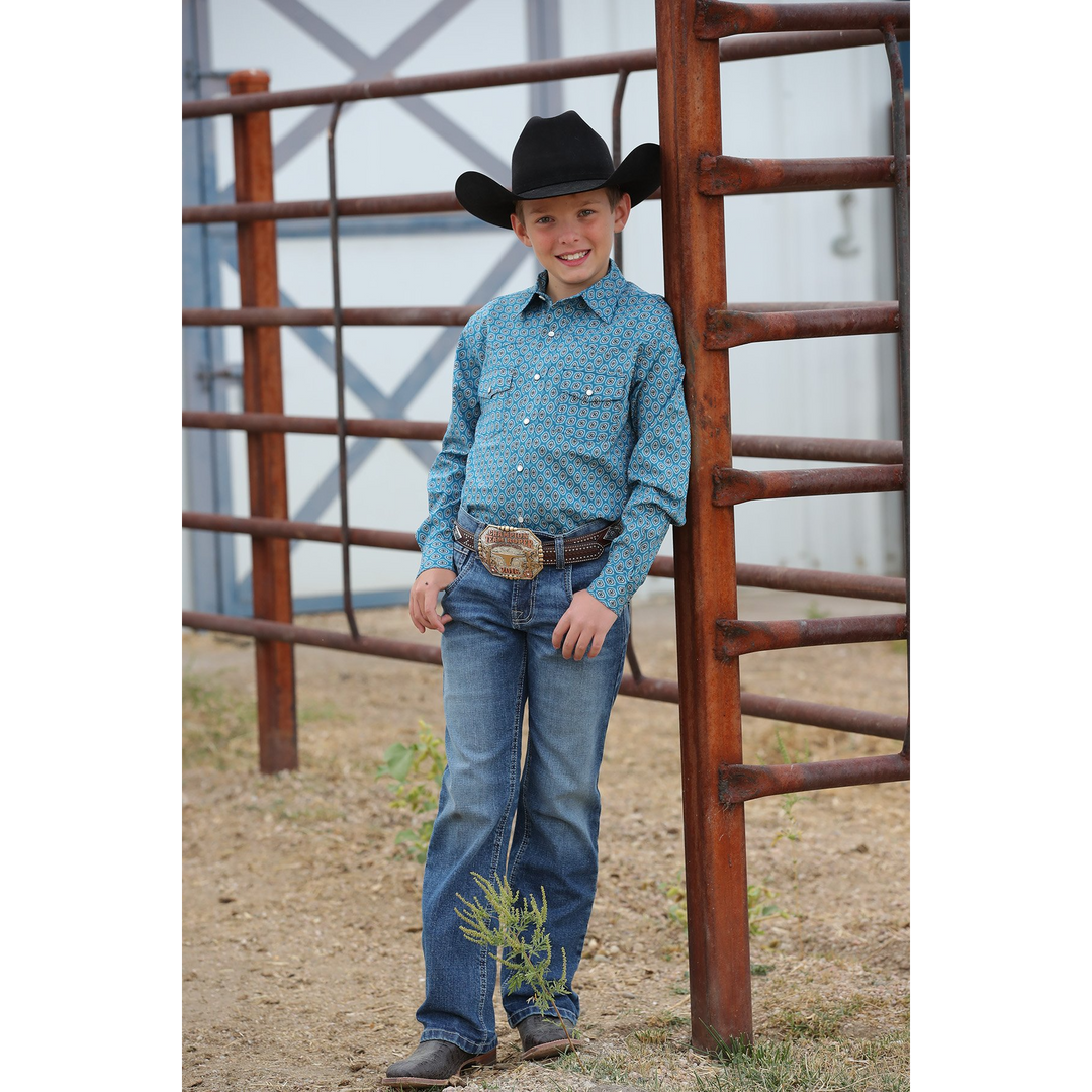Cinch Boys Geometric Print Button-Down Western Shirt - Blue