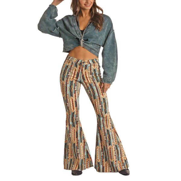 Rock & Roll Womens Brown Aztec Bell Bottom Jeans