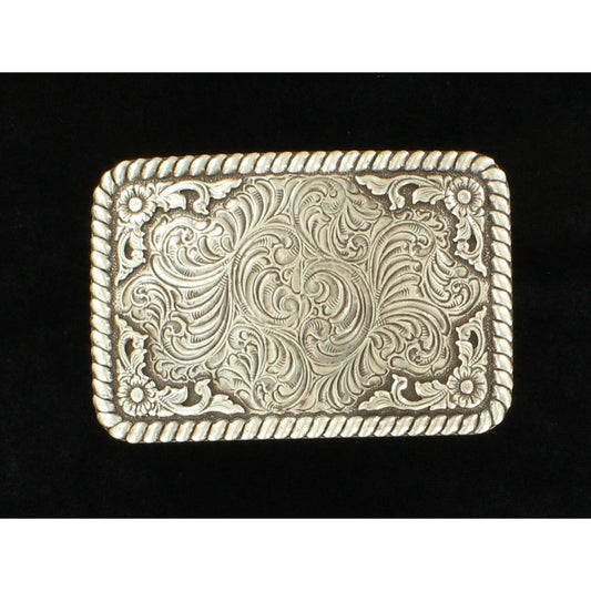 Nocona Unisex Rectangle Engraved Rope Edge w/Floral Scroll Buckle - Silver