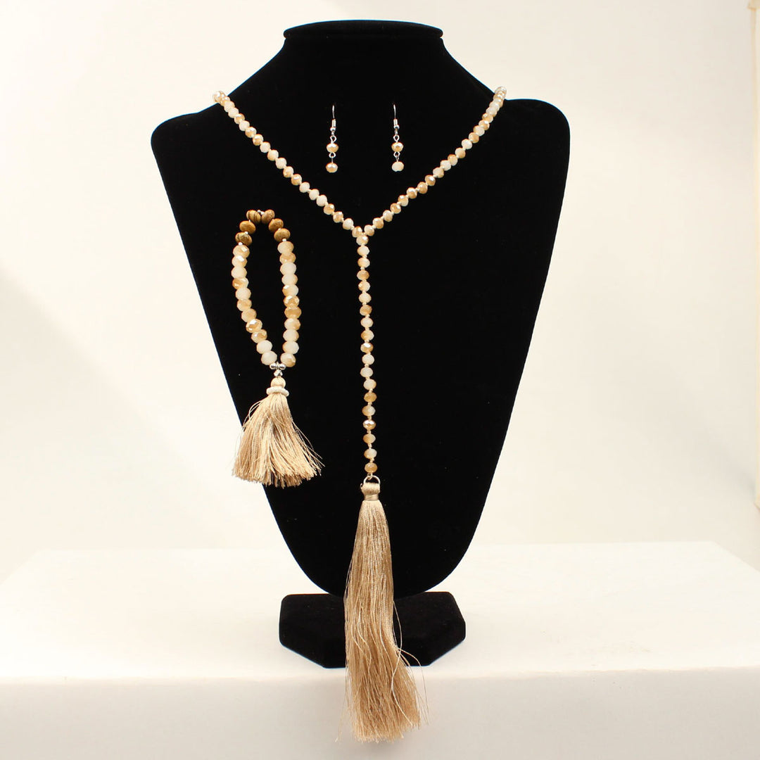 Blazin Roxx Earring Necklace &amp; Bracelet Set - Ivory Shiny Beads W/Ivory Tassel