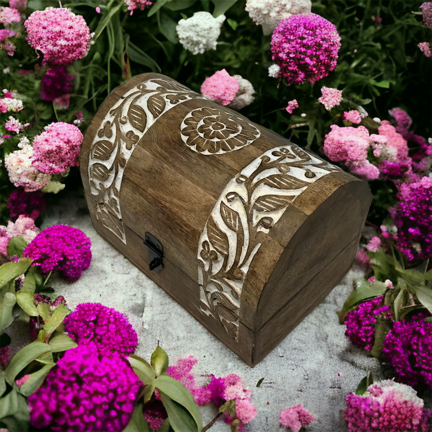 Beanstalk Half Round Carved Box - White Wash