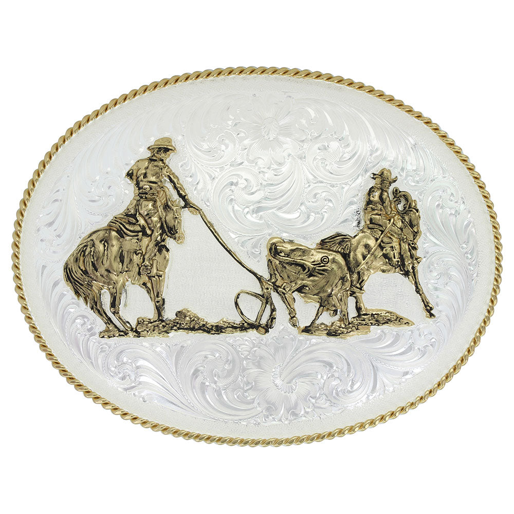Montana Silversmiths Large Silver Engraved Western Belt Buckle with Team Ropers