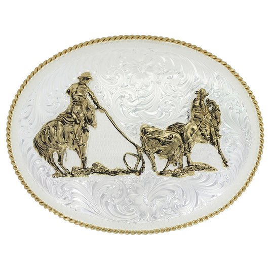 Montana Silversmiths Large Silver Engraved Western Belt Buckle with Team Ropers