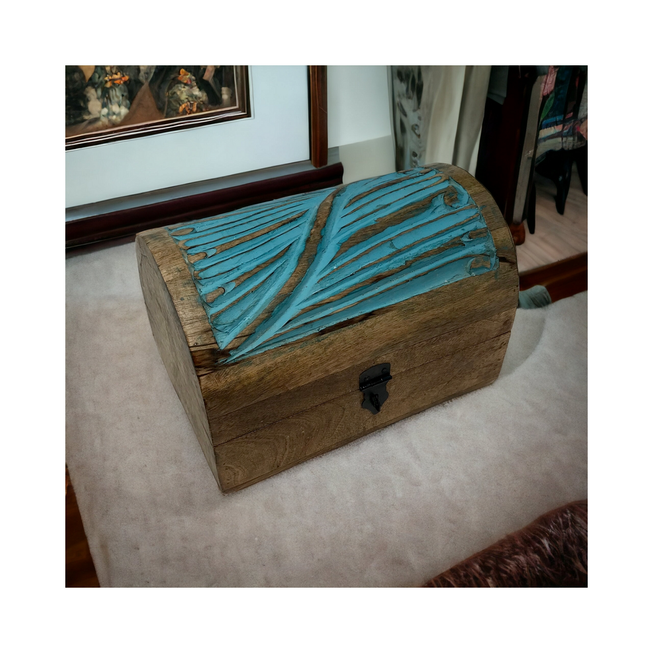 Sea Breeze Half Round Carved Box - Turquoise Wash