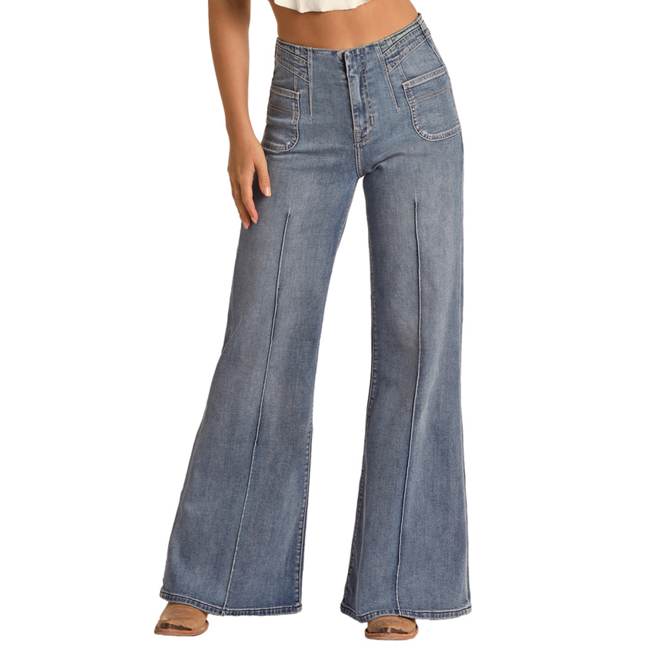 Rock & Roll Womens High Rise Extra Stretch Palazzo Flare Jeans - Medium Wash