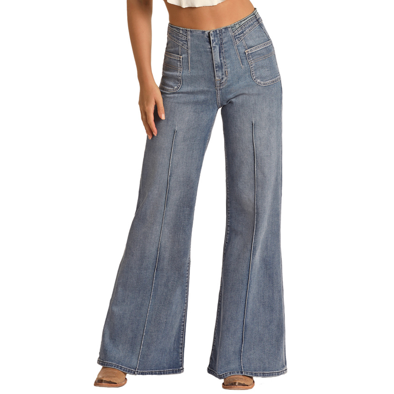 Rock & Roll Women's High Rise Extra Stretch Palazzo Flare Jeans - Medium Wash