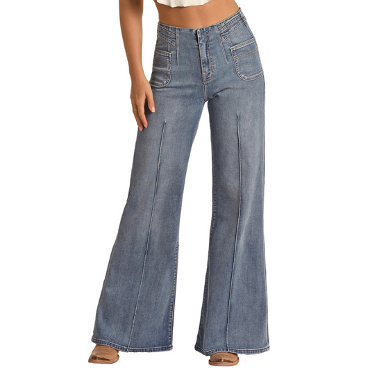 Rock & Roll Women's High Rise Extra Stretch Palazzo Flare Jeans - Medium Wash
