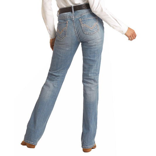 **Rock & Roll Mid Rise Stretch Light Wash Bootcut Riding Jeans