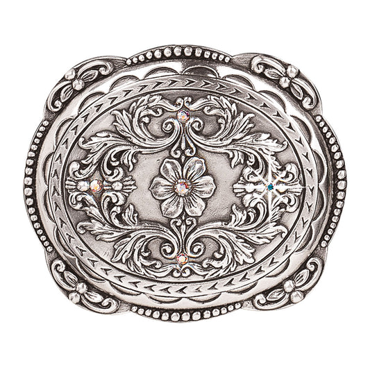 Blazin Roxx Women's Oval Floral Rhinestone Buckle - Silver