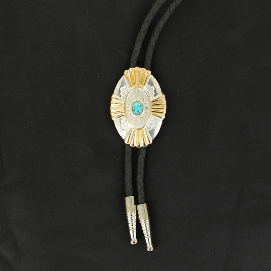 Double S Bolo Tie - Gold/Silver with Tuquoise Stone